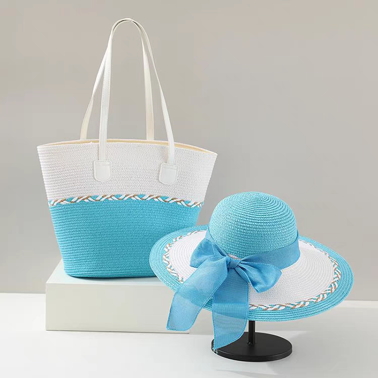 Bags and hats for women, two-piece summer flat-brimmed straw dome with small sun hat for face-revealing, versatile for traveling on the beach