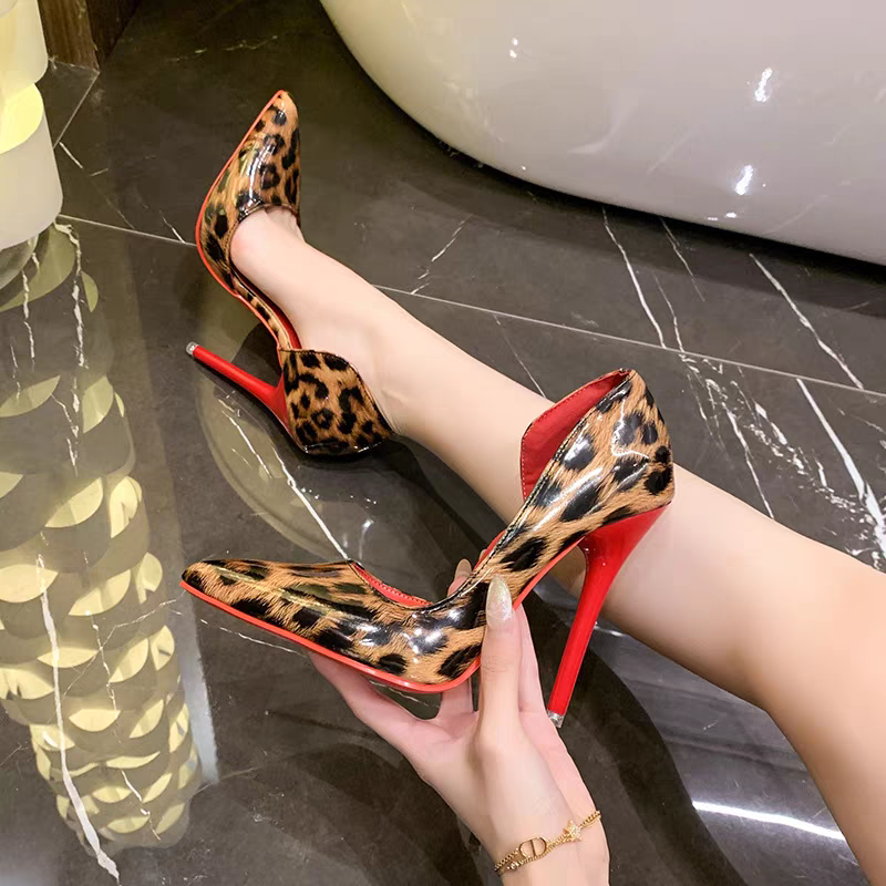 Red bottom 12cm large size high heels for women new style stiletto side hollow leopard print  temperament red lining single shoes