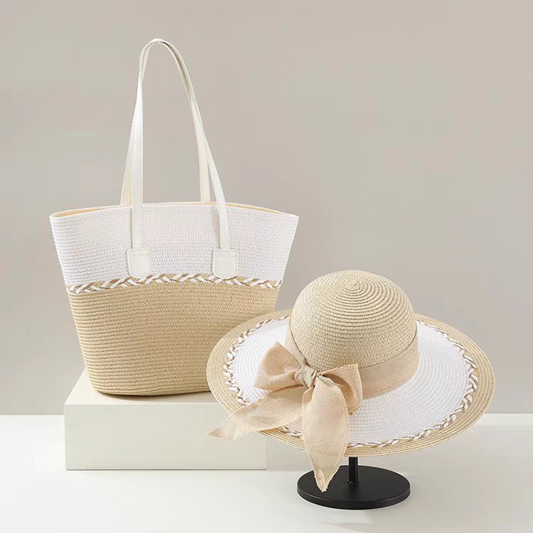 Bags and hats for women, two-piece summer flat-brimmed straw dome with small sun hat for face-revealing, versatile for traveling on the beach