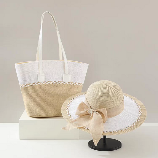 Bags and hats for women, two-piece summer flat-brimmed straw dome with small sun hat for face-revealing, versatile for traveling on the beach