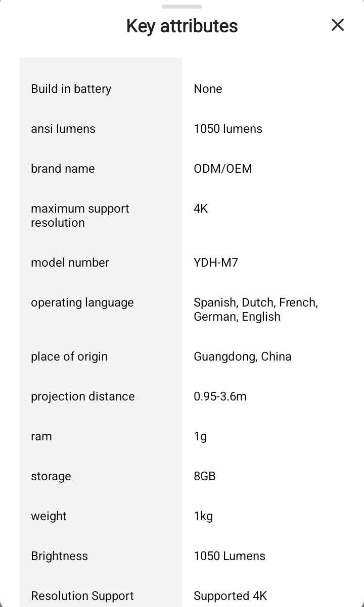 YDH-M7 Smart 4K Laser Projector 1050 Lumens Android  11 Infrared remote Control