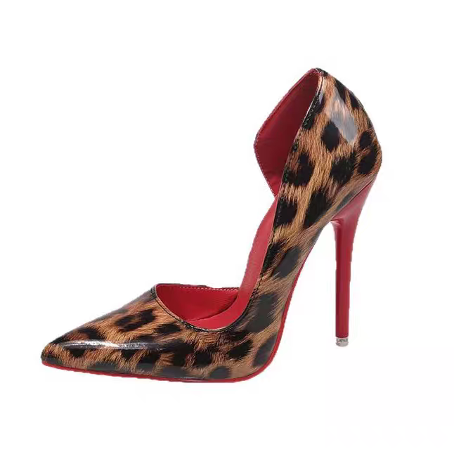Red bottom 12cm large size high heels for women new style stiletto side hollow leopard print  temperament red lining single shoes