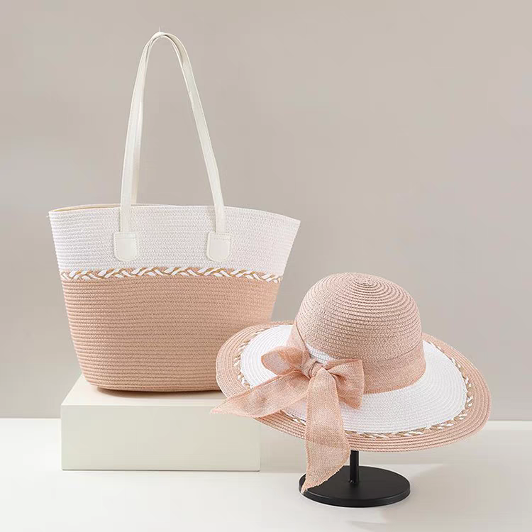 Bags and hats for women, two-piece summer flat-brimmed straw dome with small sun hat for face-revealing, versatile for traveling on the beach