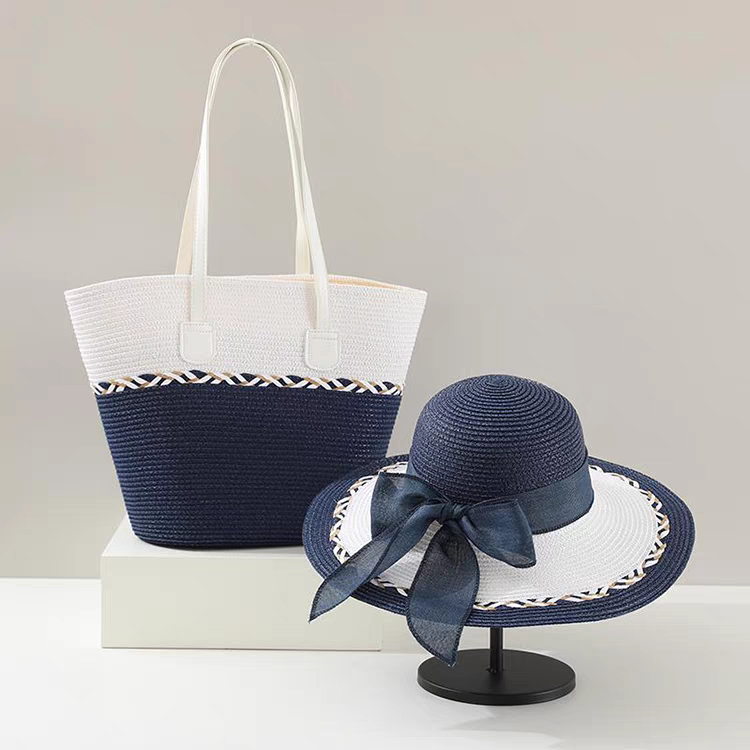 Bags and hats for women, two-piece summer flat-brimmed straw dome with small sun hat for face-revealing, versatile for traveling on the beach
