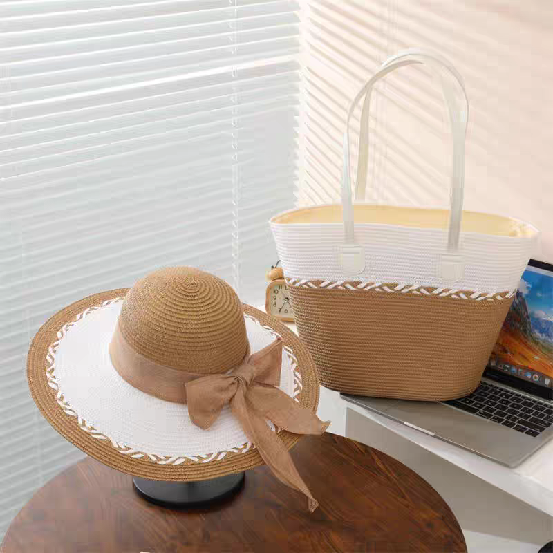 Bags and hats for women, two-piece summer flat-brimmed straw dome with small sun hat for face-revealing, versatile for traveling on the beach