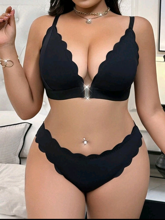 2 Pieces Plus Size Wireless Front Close Seamless Wave Edge Bra & Panty Set